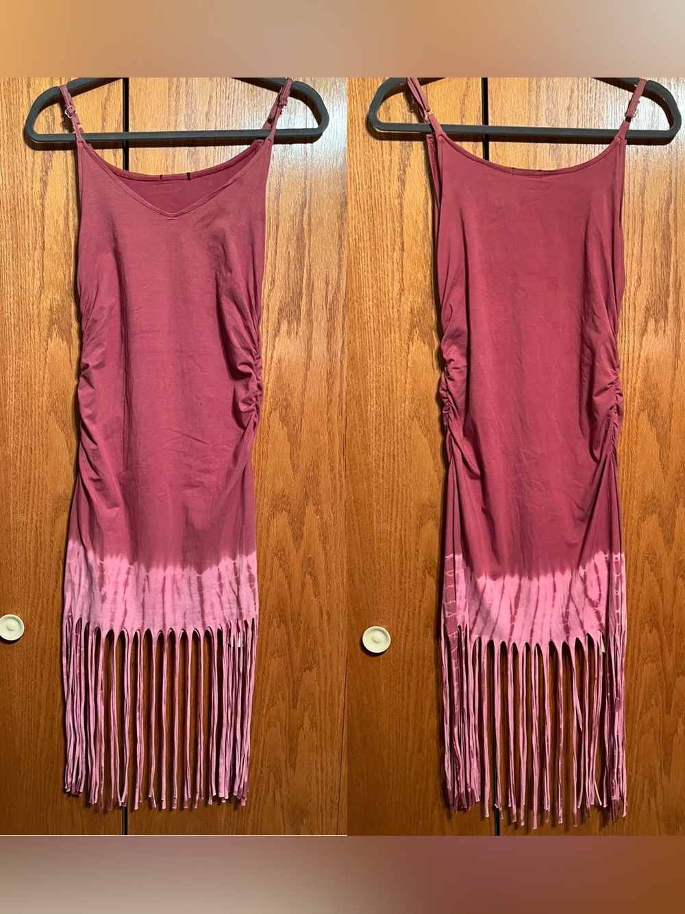Jayli Wine to Light Pink Tie-Dye Fringe Midi Dress